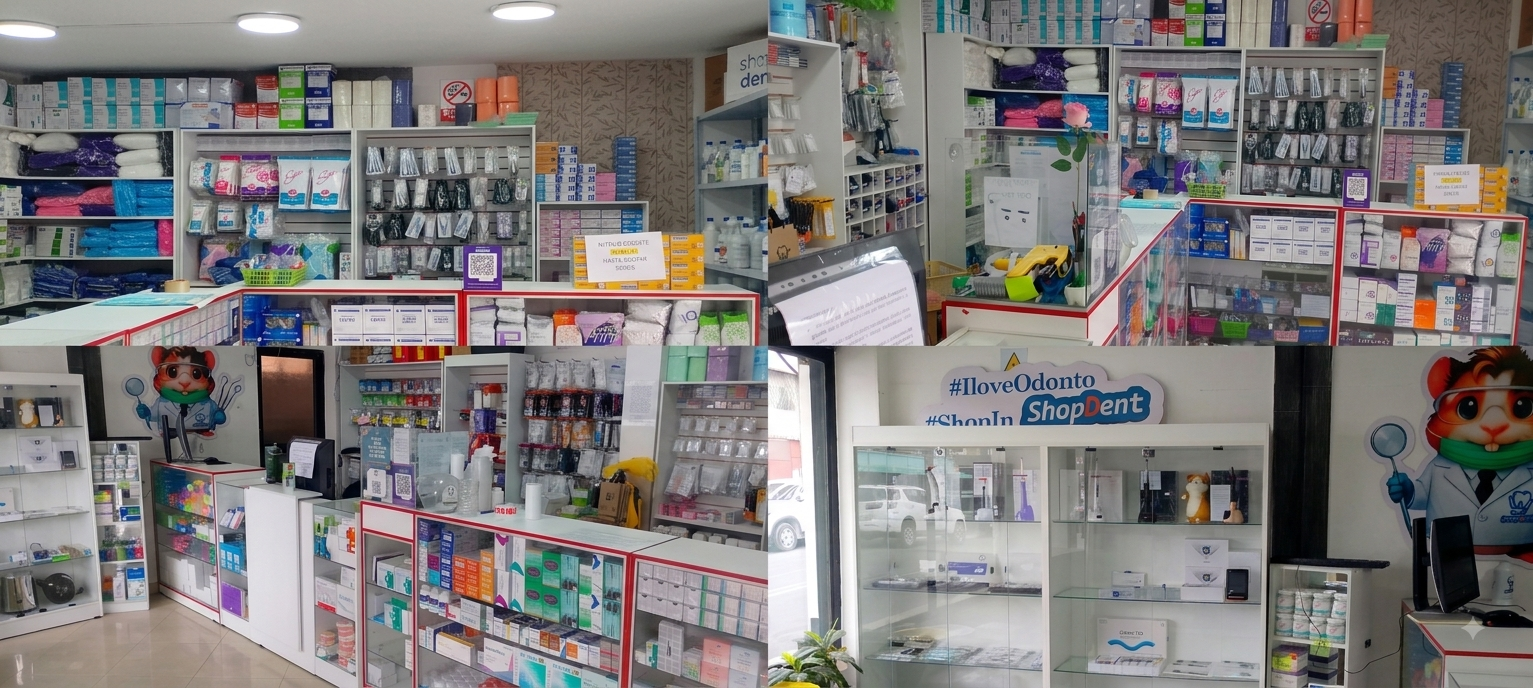 Local de SHOPDENT con estanterías de insumos dentales en Riobamba